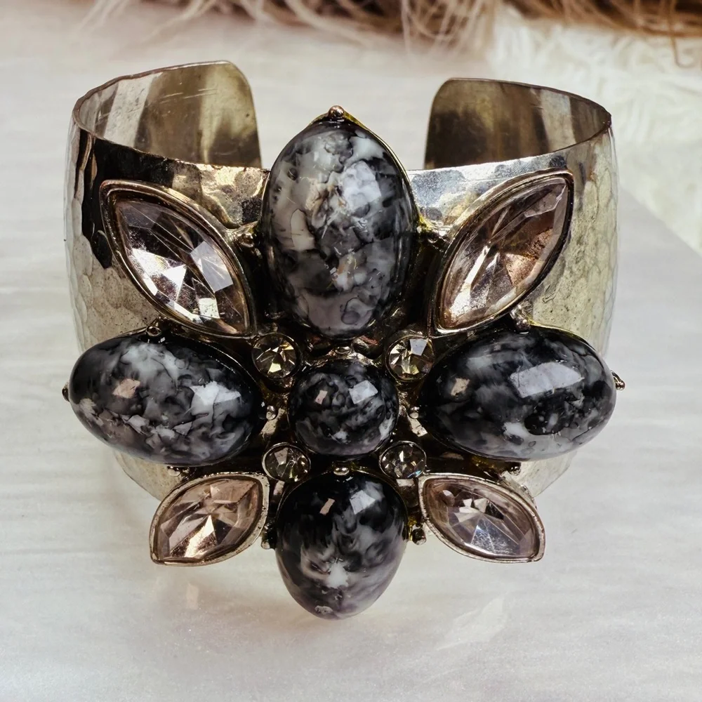 Vintage aged, Silvertone oxidized, colored accent, large cuff, runway bracelet